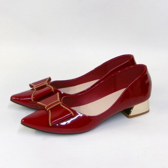 danglianying Red Patent & Gold Bow Low Block Heel Closed Toe Pumps Shoes SZ 8.5‎ - Picture 1 of 4